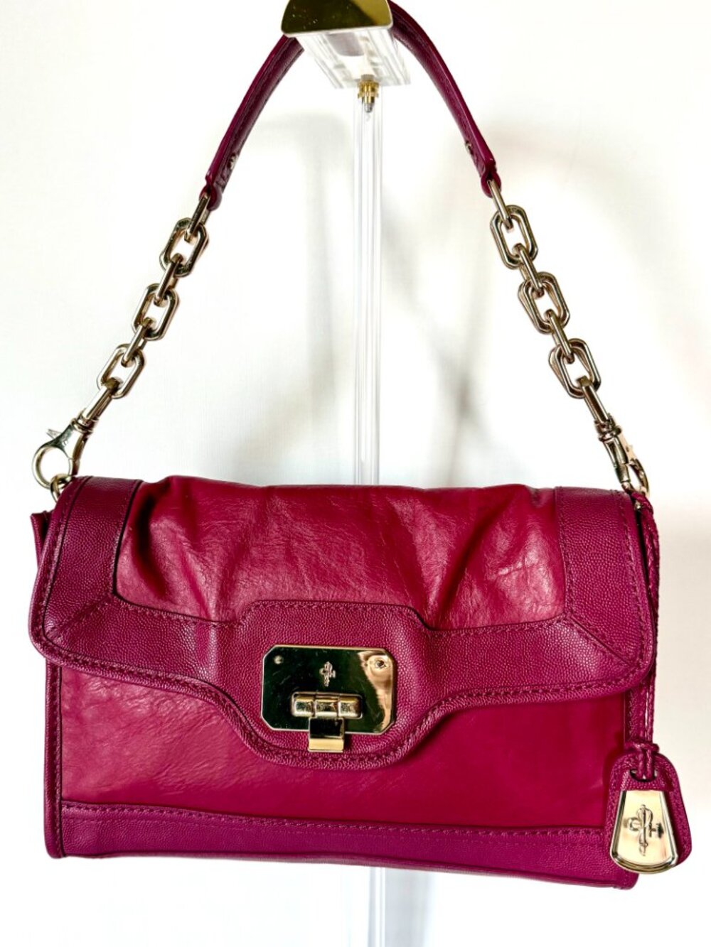 Cole Haan Magenta Leather Shoulder Bag Gold Chain Flap Purse